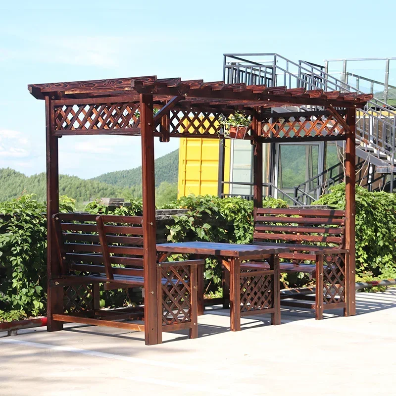 Outdoor courtyard furniture Antiseptic wooden house gazebo grape stand Balcony Garden leisure table and chairs Carbonized wood