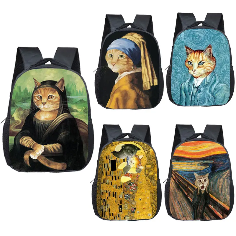 Mochila engraçada Mona Lisa Cat, Sacos escolares bonitos para crianças, Mochila Ortopédica, Mochila no jardim de infância primário Mini mochila