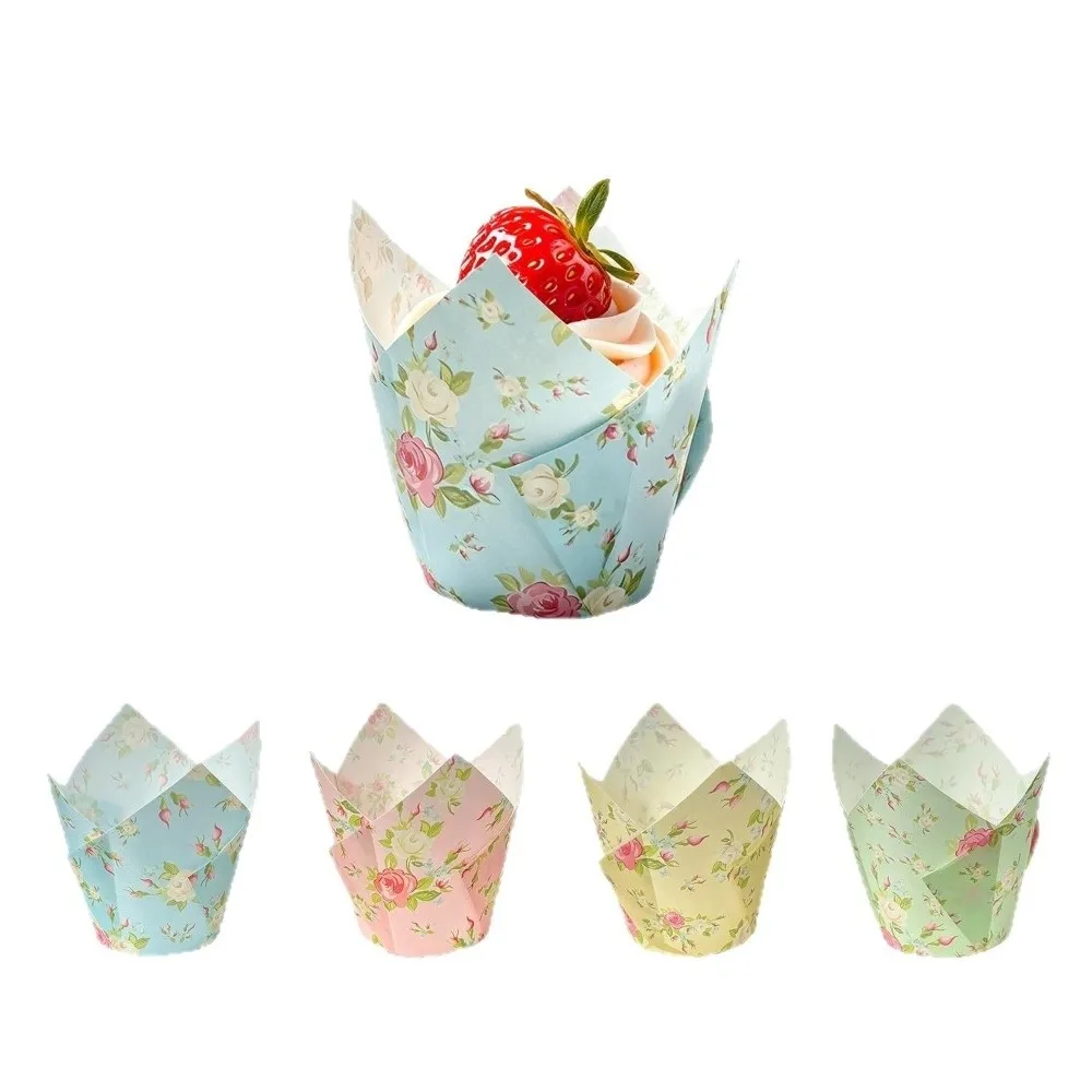 50PCS Paper Muffin Baking Cups Flower Shaped Greaseproof Paper Cupcake Cups Floral Printed Petal Rim Cupcake Baking Cups
