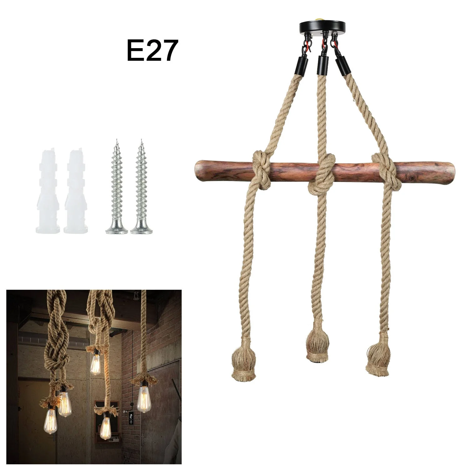 

1m 3 Head LED Industrial Chandelier Retro Hemp Rope Ceiling Lamp Dining Room Kitchen Ceiling Accessories