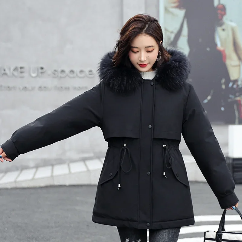 Women Parkas Long Sleeve Button Hooded Solid Zipper Pockets Coats Waist Drawstring High Street Outerwear Thick Warm Winter