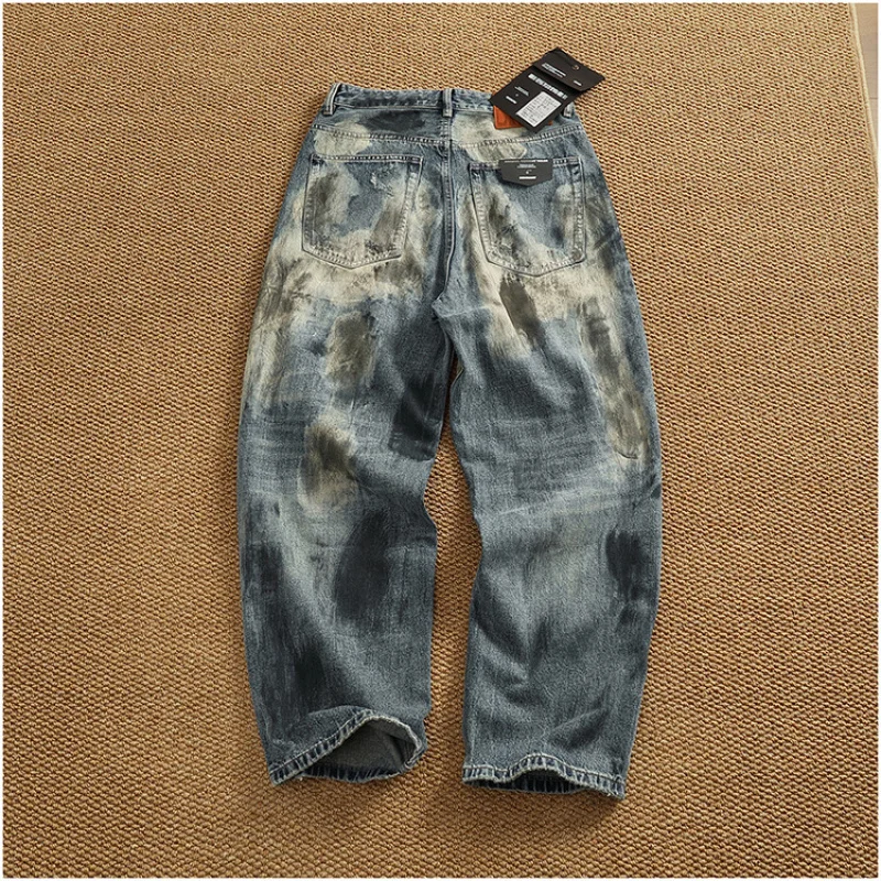

Модные брендовые свободные брюки прямого кроя High Street для мужской моды, крашение чернил ручной работы, тяжелые джинсовые брюки в стиле ретро