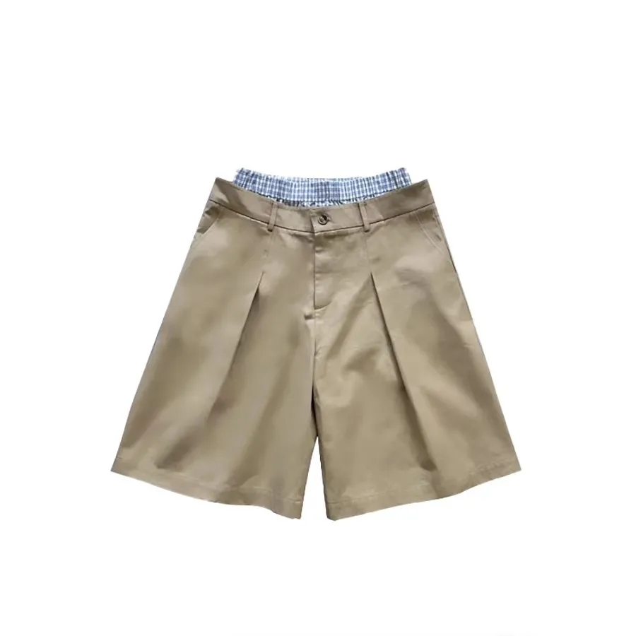 Mauroicardi Spring Summer Plaid Patchwork Khaki Shorts for Men Double Waist Knee Length Pants Luxury Designer Emo Clothes 2025
