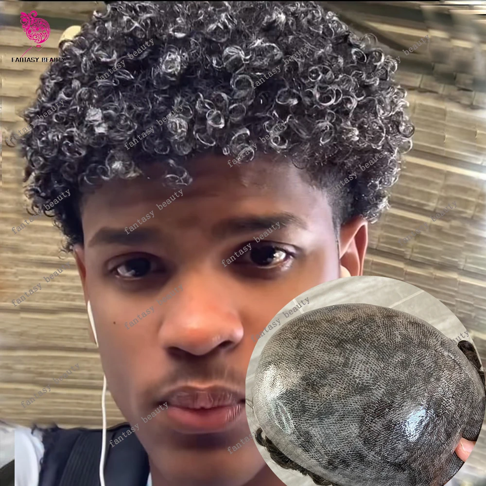 

Full Skin 15mm /12mm Afro Curly Nautral Human Hair Toupee Bald Male Hair Durable 0.1mm PU Replacement System Capillary Prosthes