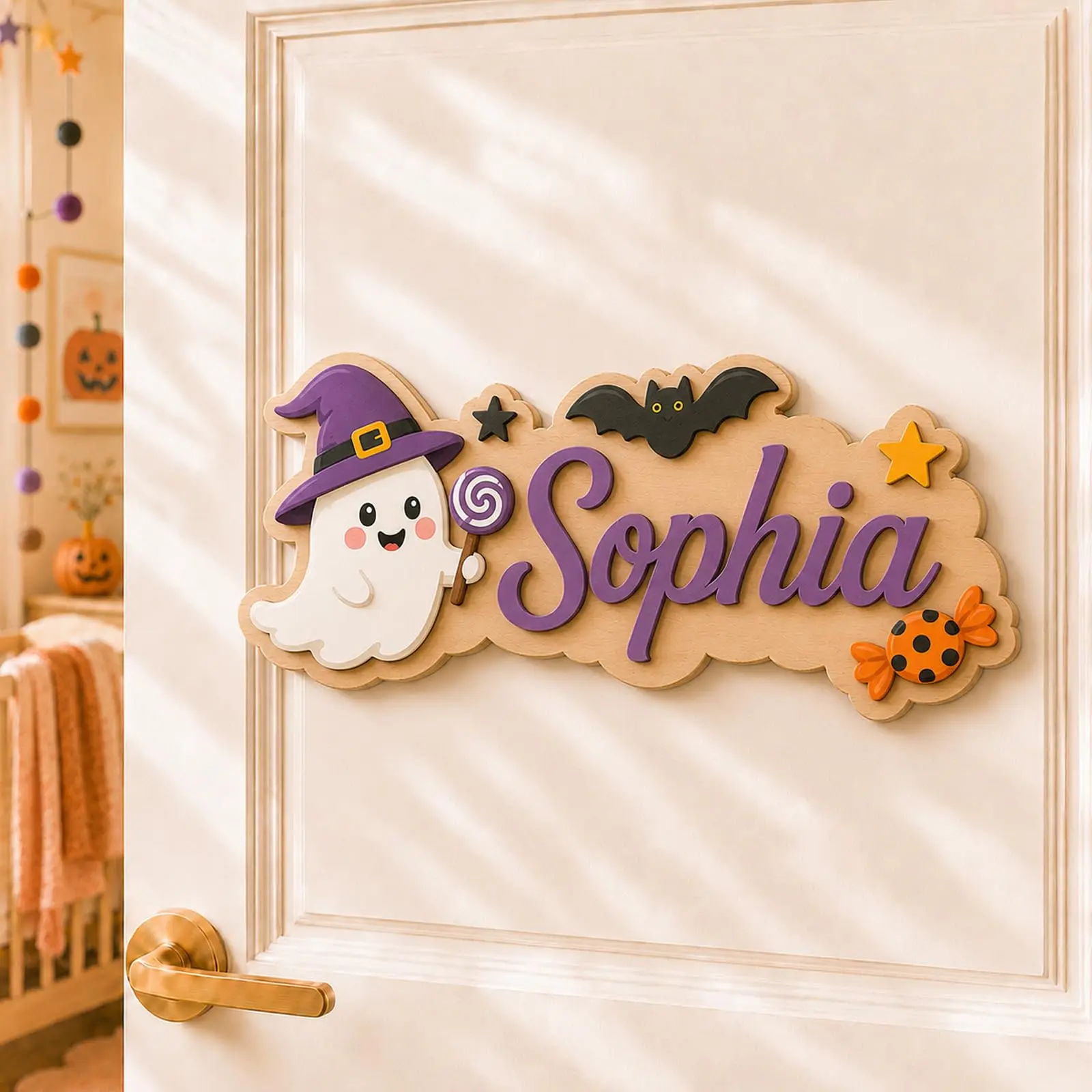 1 Stück personalisiertes Namensschild aus Holz, personalisierte Halloween-Wanddekoration für Kinderzimmer mit Geister- und Kürbismotiven für Kinderzimmer und Schlafzimmer.