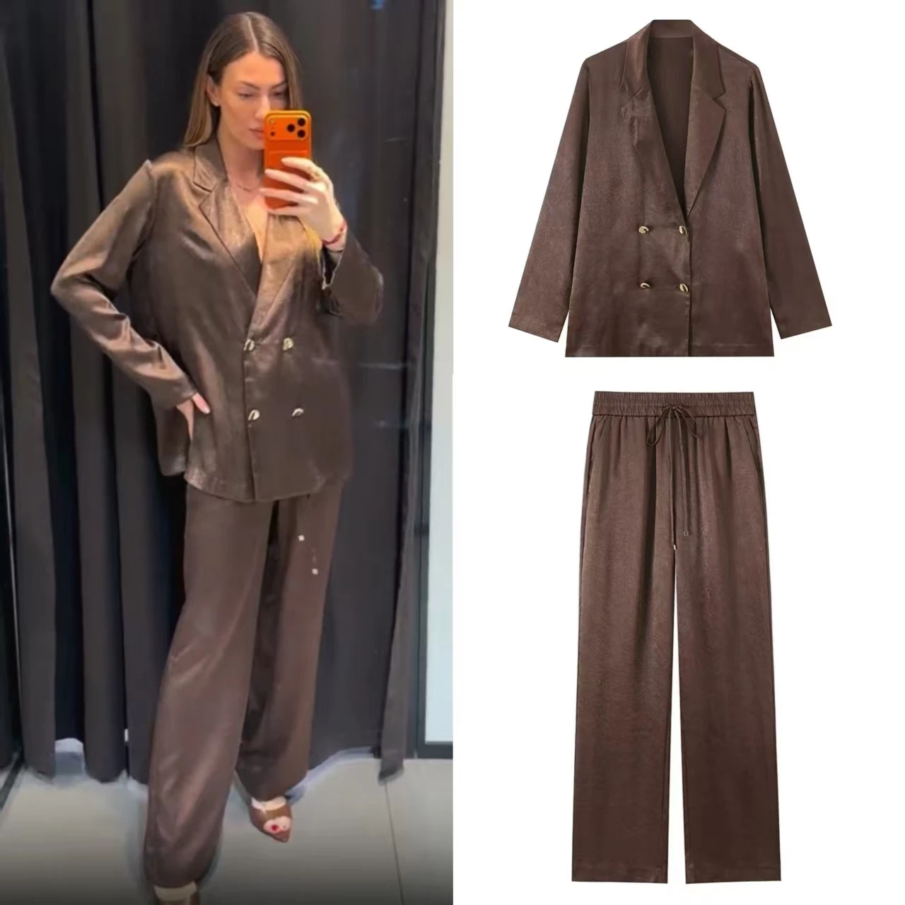 Ensemble tailleur femme 2026 Nouvelle Collection Printemps – Blazer et pantalon drapé plissé décoratif marron-rougeâtre à manches longues – Style simple et tendance