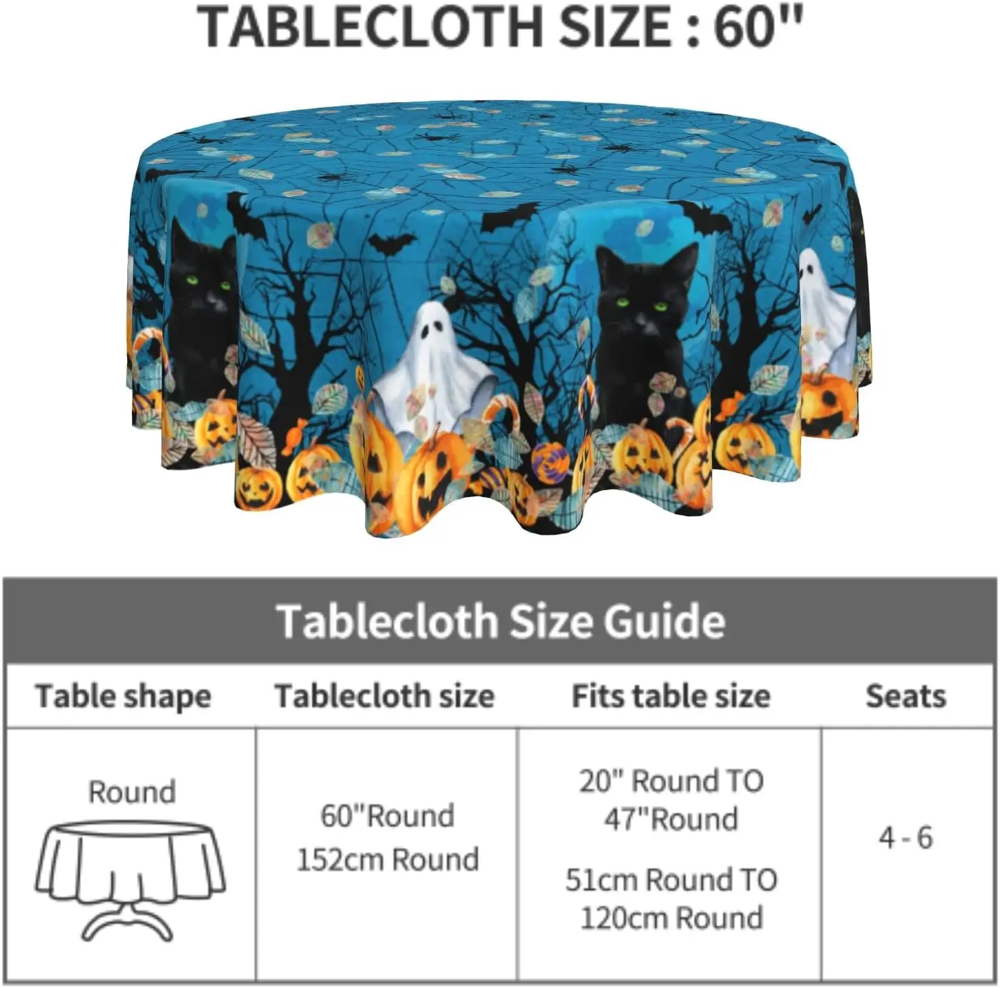 Halloween Round Tablecloth, Blue Spooky Ghost Pumpkins Black Cats Bats Spider Web Table Cloth 60Inch For Kitchen Dining