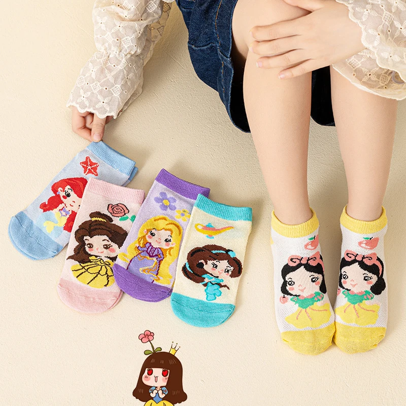 5 Pairs Disney Princess Series Girl Socks Cartoon Snow White Belle Jasmine Ariel Aurora Children Boat Sock Cotton Cute Baby Sock