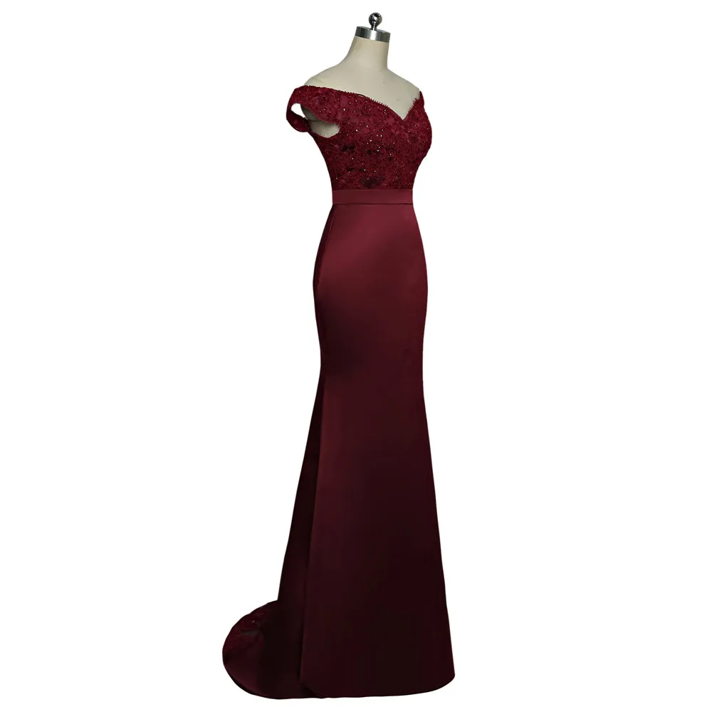 Burgundy Evening Dresses Mermaid Off The Shoulder Satin Appliques Beaded Long Turkey Dubai Saudi Arabia Prom Dress Gown