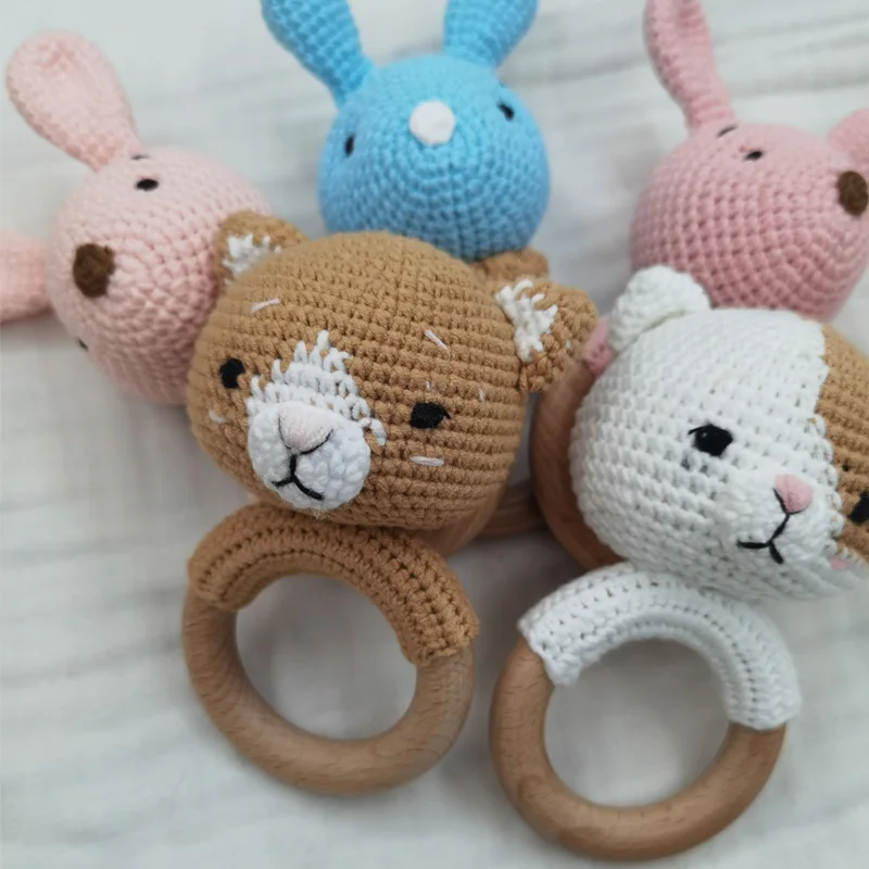 1PC Rabbit Dropshipping Crochet Rattle Soother Bracelet Teether Set Baby Product Mobile Pram Crib Ring Wooden Toys