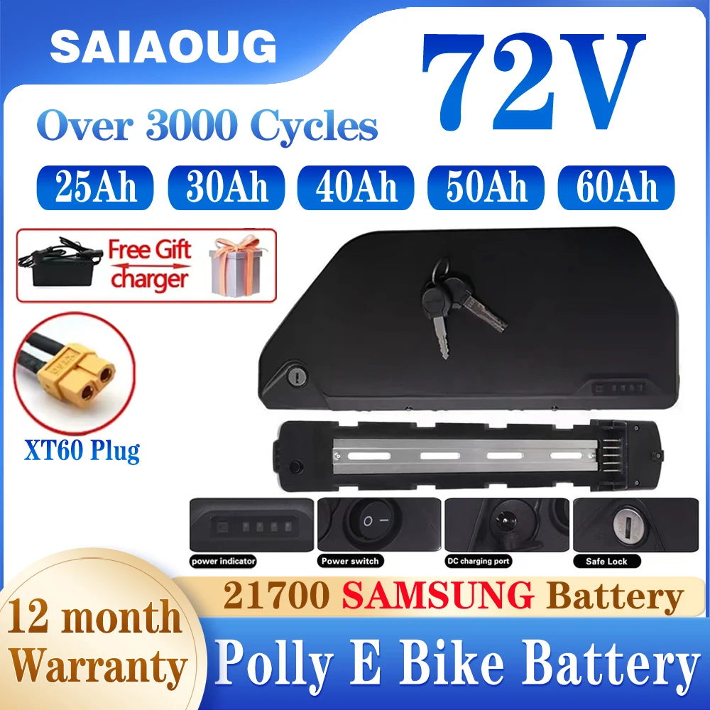 

72Volt 60Ah Super Polly E-Bike Battery 72V25Ah 30Ah 40Ah 50Ah Li-ion Electric Bicycle Battery for 3000W 2000W Engine Hailong Max