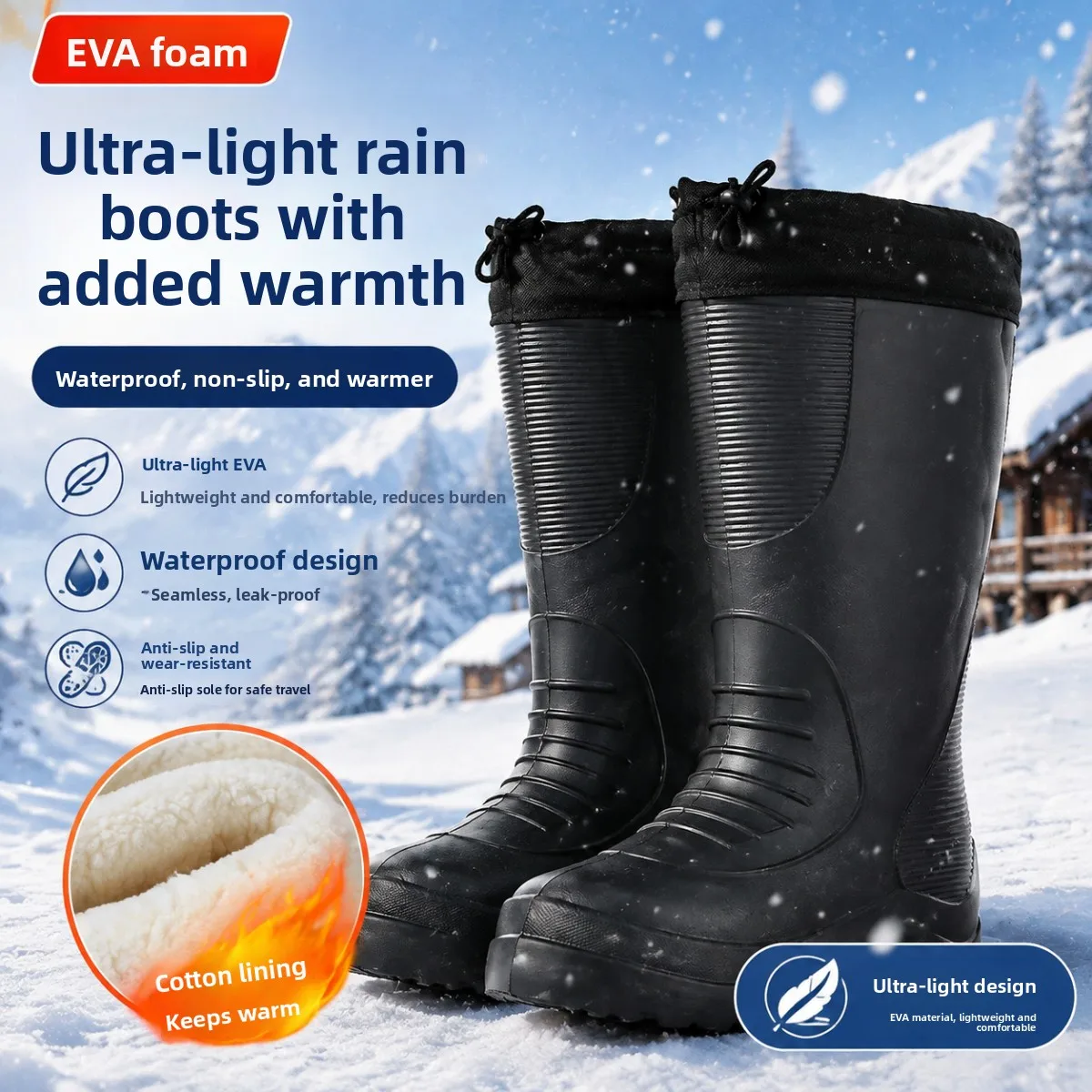 EVA Thickened Waterproof Rain Boots Men's High-Tube Cotton Cover Warmth Work Boots Food Ultra-Light Cotton Lined Rain Shoes