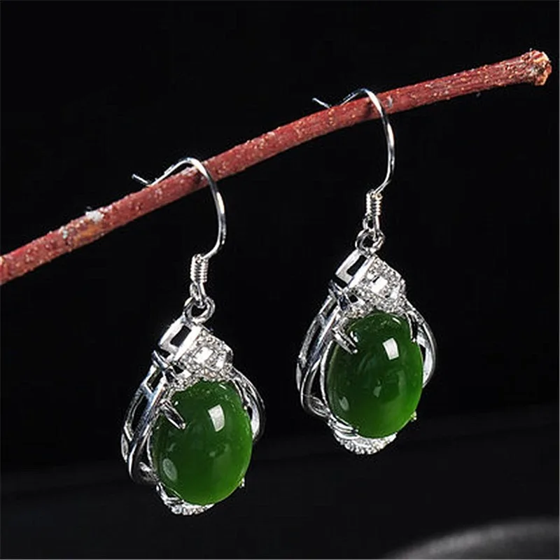 Natural Green Chalcedony Hand Carved Drop Earrings Fashion Boutique Jewelry Men's and Women's 925 Silver Inlaid Drop Earrings