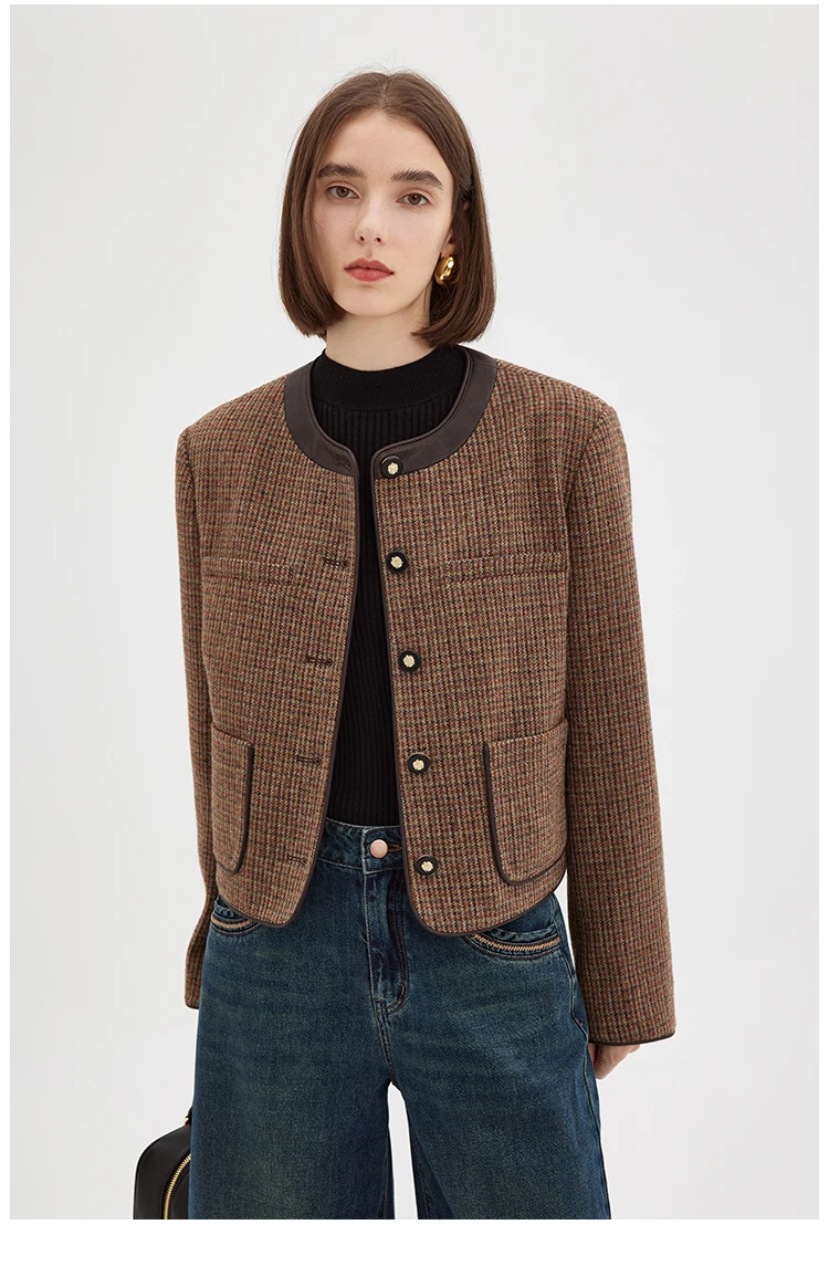 

MOLAN Vintage Casual Woman Jacket New Design Tweed Round Neck Mental Buttons Fashion Short Jacket Female Casual Coat