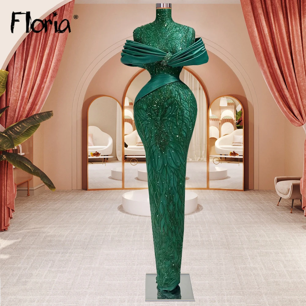 Full Beaded Mermaid Prom Dress Aso Ebi Off Sholder Dark Green Long Evening Dresses Plus Size Muslim Party Gowns for Pageant