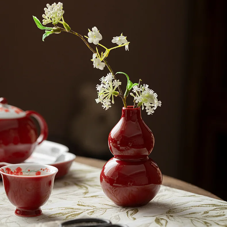 Chinese Red Ceramic Gourd Vase Small Home Decor Lucky Fortune Table Ornament