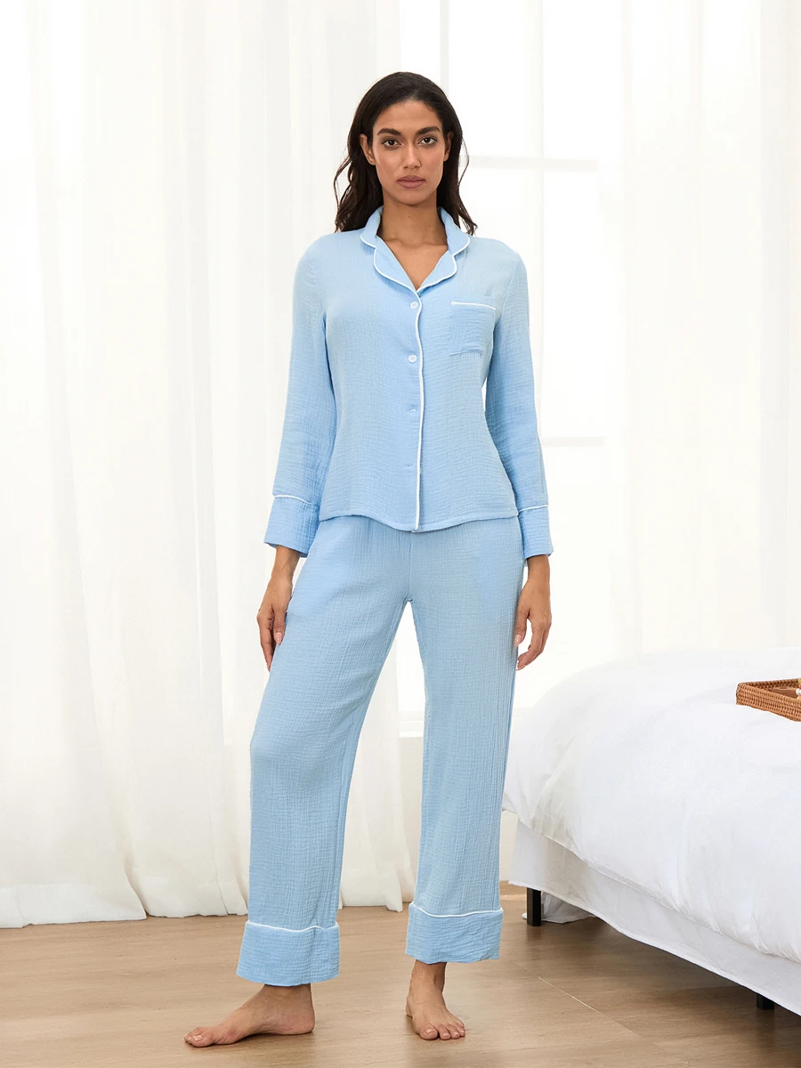 Women s Cozy 2 Piece Pajama Set with Long Sleeve Lapel Shirt and Solid Color Pants Soft Sleepwear Lounge Sets for Women