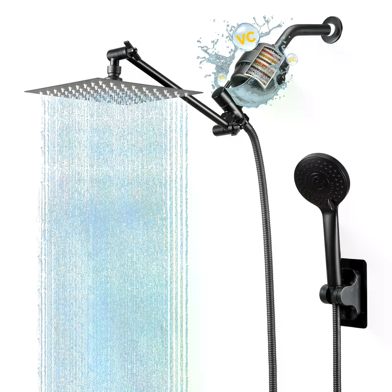 8-inch High-Pressure Rain Shower Hand Shower Combo with 11-inch Extension Arm 20-stage Filtration 5-speed Adjustable Leak-proof Shower Head Stand Hose Height Angle Adjustable Campingessentials, Faucet Extension Showerheads & Handheld Showers