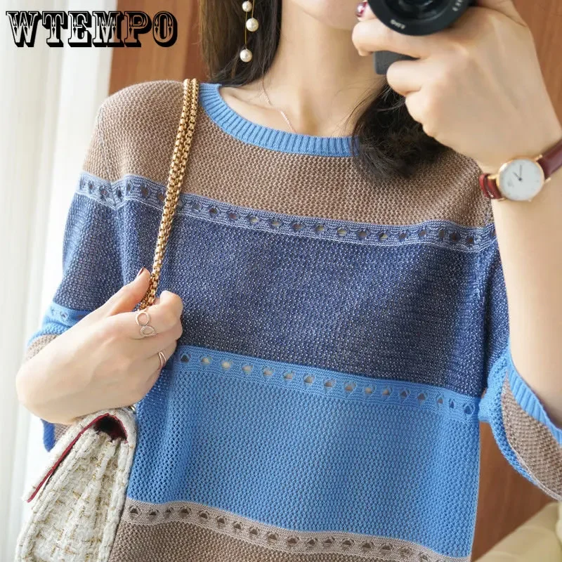 WTEMPO Summer Women Knitted Short Sleeve Lightweight Sweater Female Hollow Out Turtleneck Pullover Ladies Loose Knit Jumpers