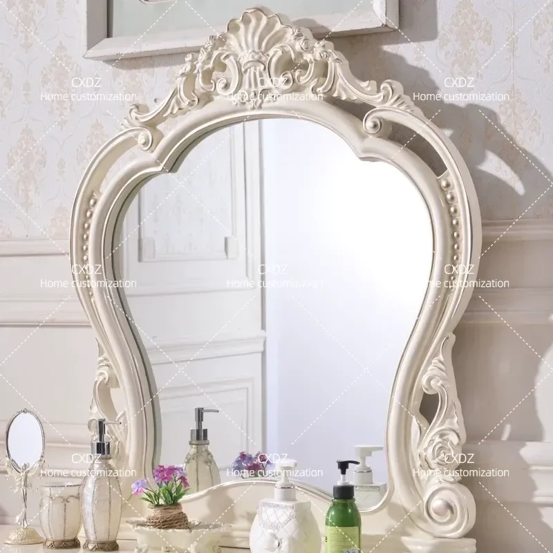 European Solid Wood Dressing Table Luxury Oak Carved Vanity White Makeup Desk with Mirror Bedroom Furniture Set