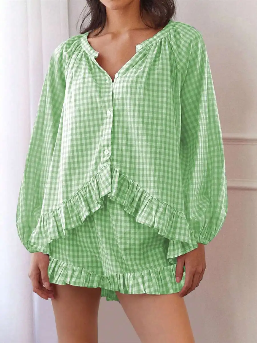 

Women 2 Piece Gingham Pajama Set Puff Sleeve Button Down Peplum Top Ruffle Lounge Shorts