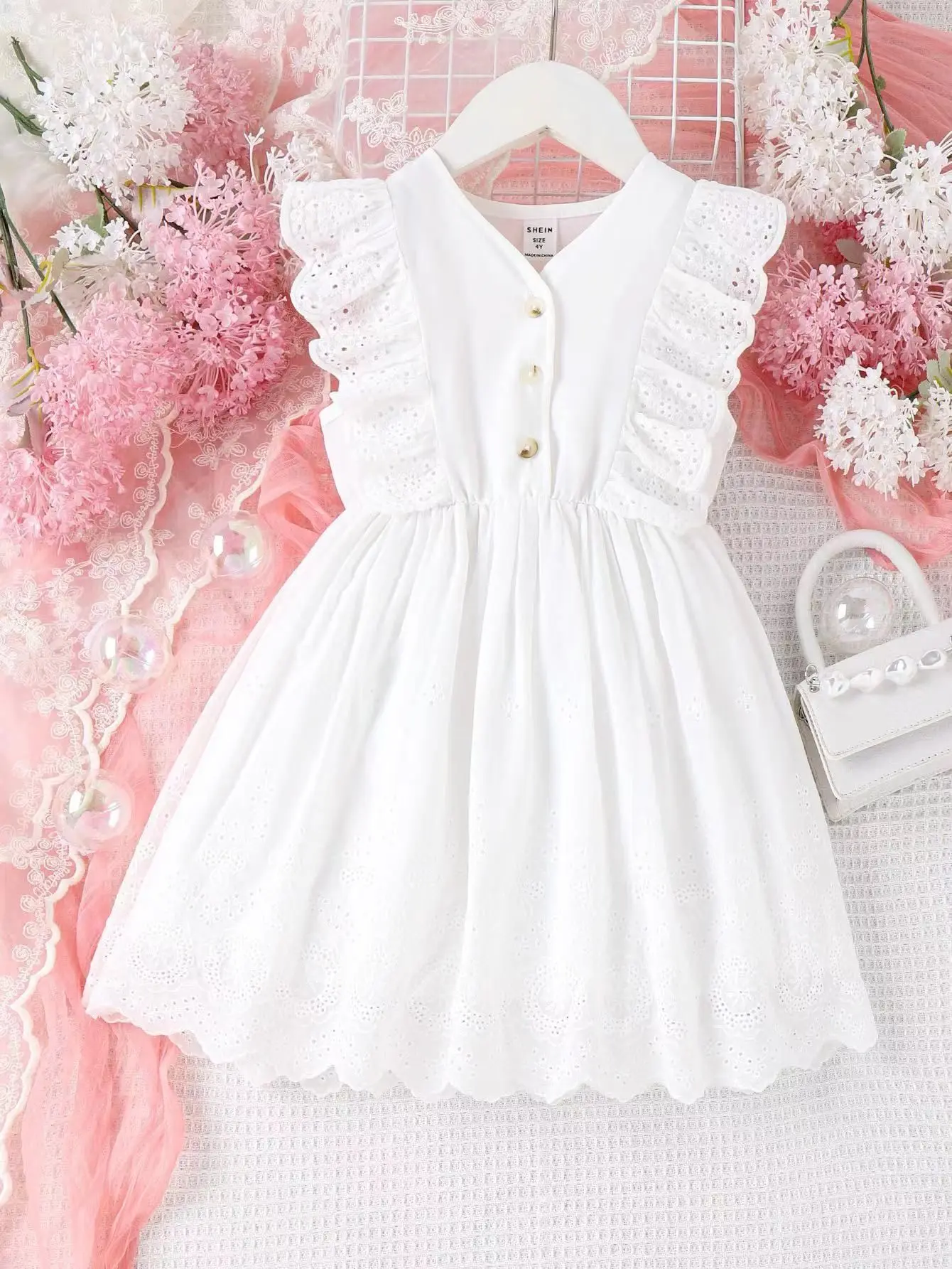 Summer New Hollow Girl Dresses Jacquard Lace Solid Color Ruffle Edge Princess Baby Girl Clothes Casual Small Medium Girl Dresses