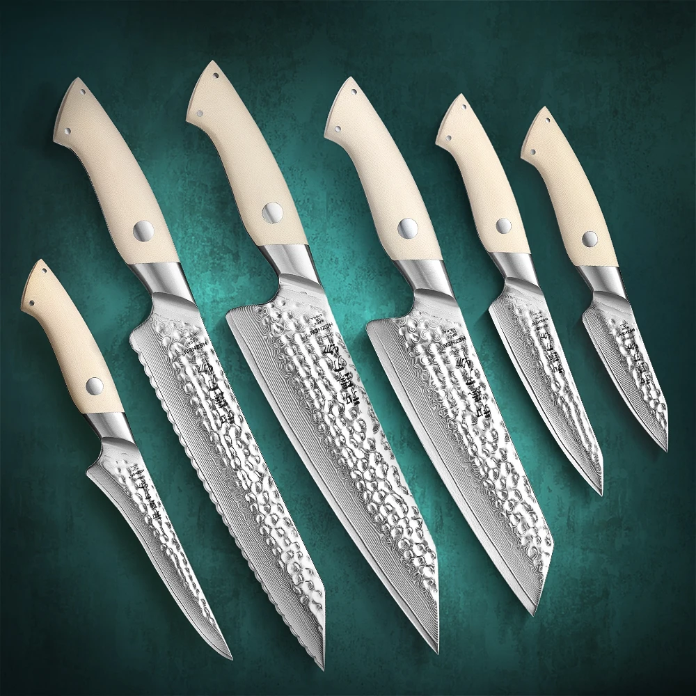 

HEZHEN 6PC Knife Set Elegant Series 67 Layers Damascus Steel G10 Handle Chef Utility Kitchen Tools Cutting Food