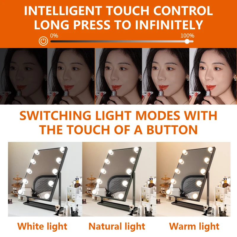 LED 테이블 메이크업 거울, 터치 컨트롤 디밍이 가능한 전구, 3가지 조명 색상 무단계 조광, 눈부심 방지용 반투명 커버