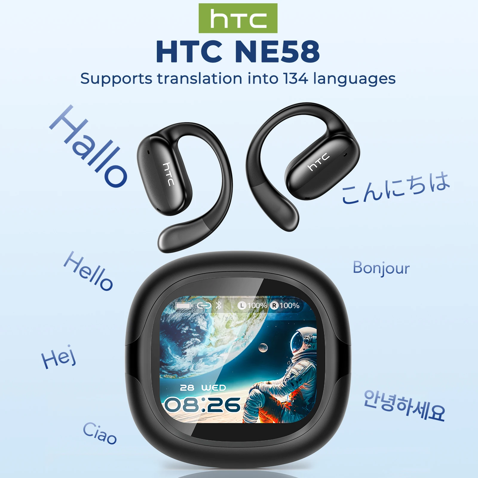 Bluetooth-Headset, KI-Echtzeitübersetzer, nicht im Ohr liegende, komfortable Sport-Ohrhörer, HTC NE58 Surround Sound für Arbeit und Reisen