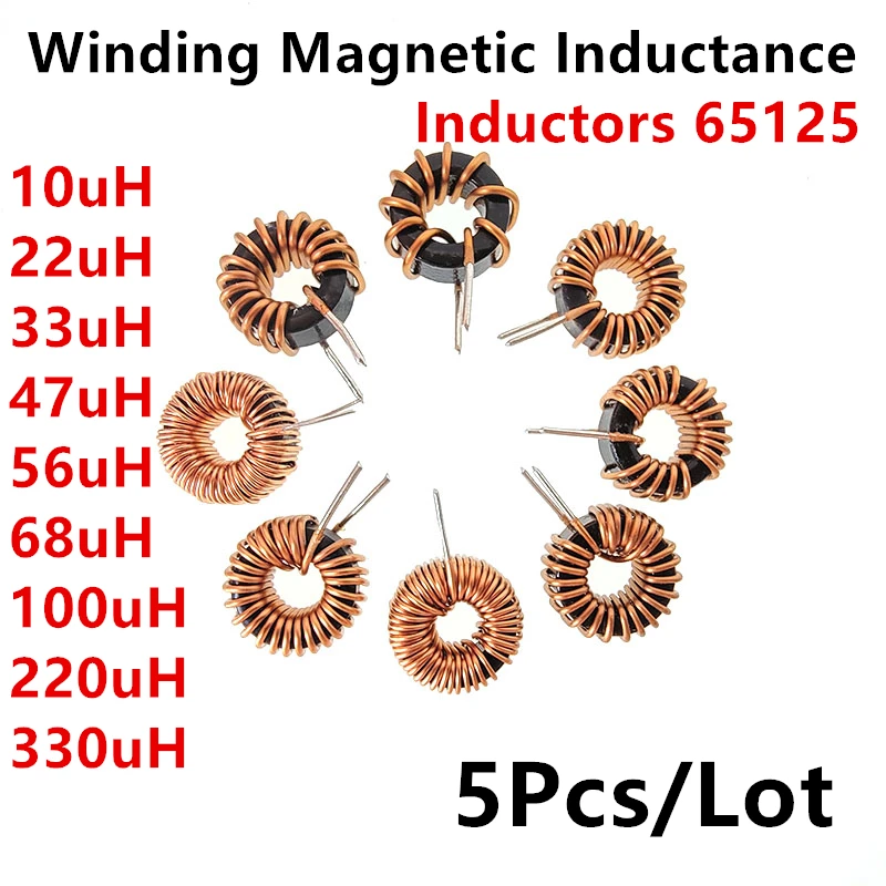 5Pcs Toroid core Inductors 65125 Winding Magnetic Inductance 10/22/33/47/56/68/100uh220uH Iron Gauge Aluminum Magnetic Ring Coil