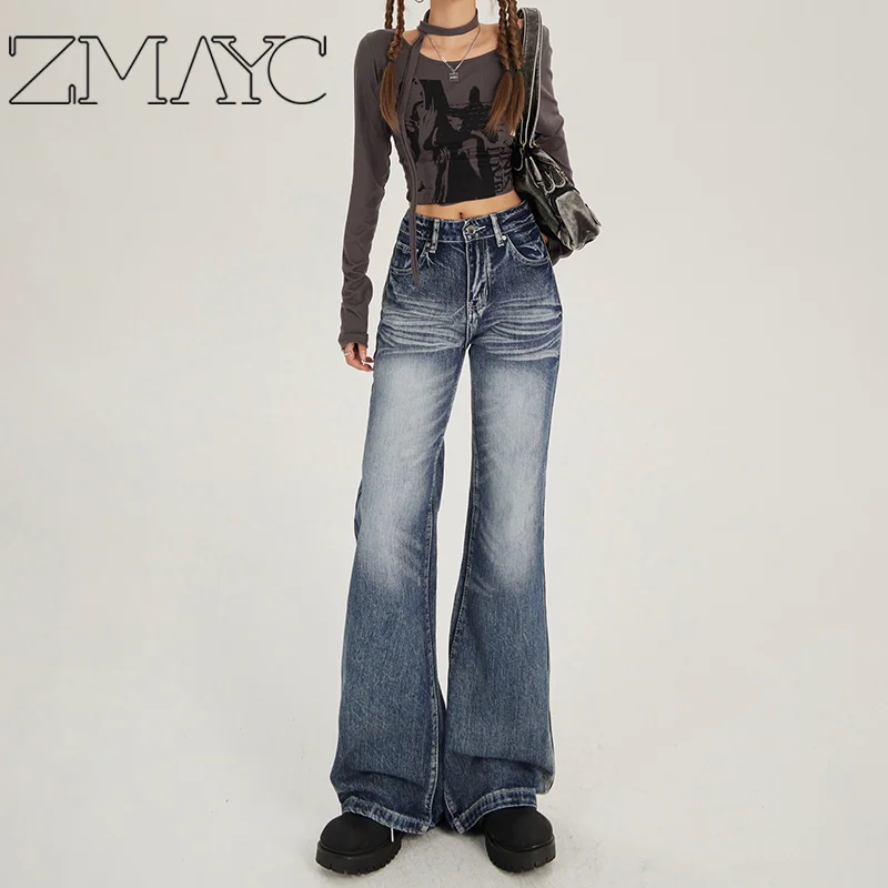 ZMAYC Women's Retro Style Washed Low Waist Flared Trousers Fall/Winter New  Female Straight Loose Denim Bell-bottoms Trousers