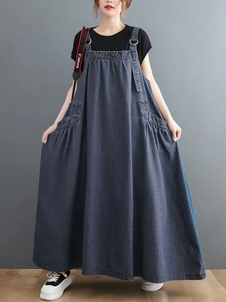 

Spring Summer New Women Denim Suspender Long Skirt Loose Casual Punk Vintage Style Cargo Female Popular Large Swing Dress B182