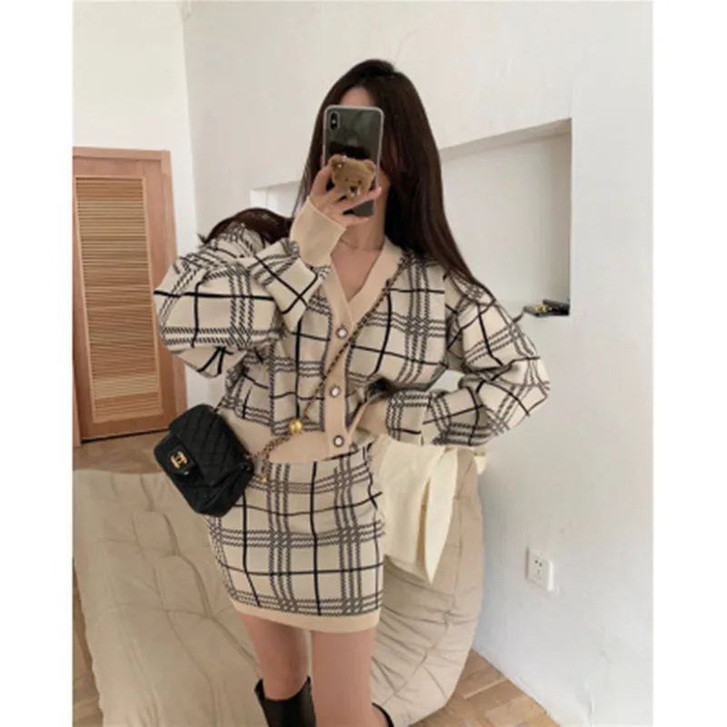 Korean Chic Vintage Contrast Color V-neck Plaid Knitted Cardigan + Mini Hip Skirt Suit Autumn Winter Women Fashion Two Piece Set