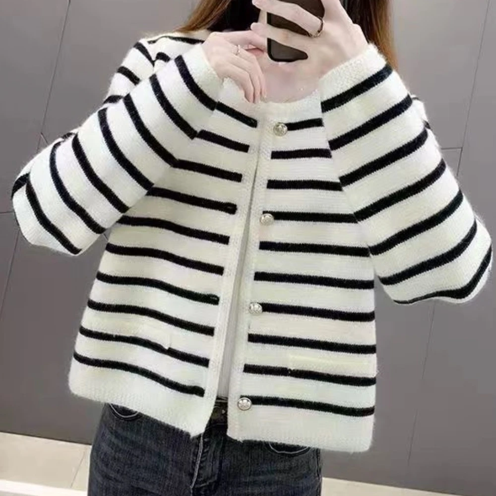 Elegant Knit Vest Stripe Casual Sweet Sleeveless & Long Sleeve Sweater Cardigan Women Clothing Tank All-match Autumn French Top