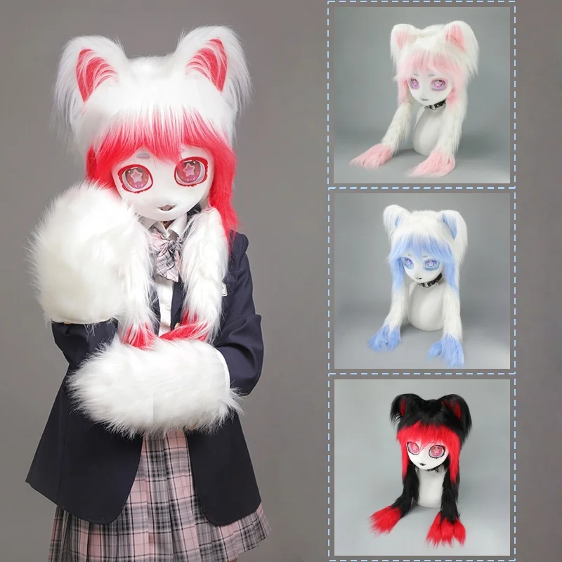 

Kigurumi Fursuit Head Cosplay Costume Cat Ears Braids Kig Mask Lolita Style Animal Furry Headwear for Anime Carnival Party New