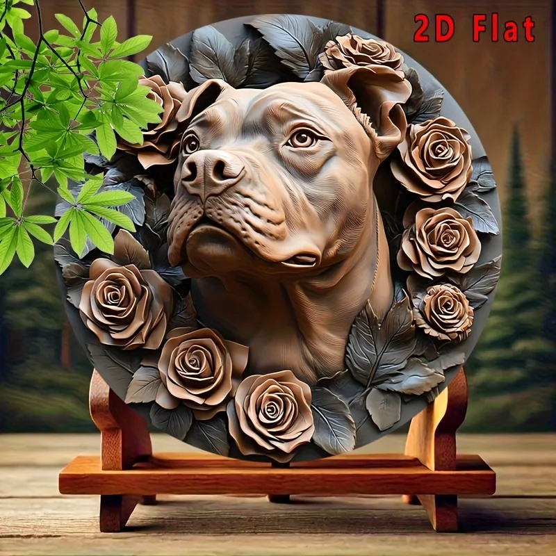 2D Relief Pitbull Dog With Rose Flower Round Metal Tin Sign 20x20cm Sculpture Style Iron Plaque Pet Lover Bedroom Decor