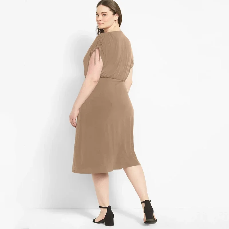 Plus Size Surplice Neck Elegant Summer Ruched Dress Women Adjustable Shoulders Elastic Waist Midi Wrap Dress Casual Party Dress