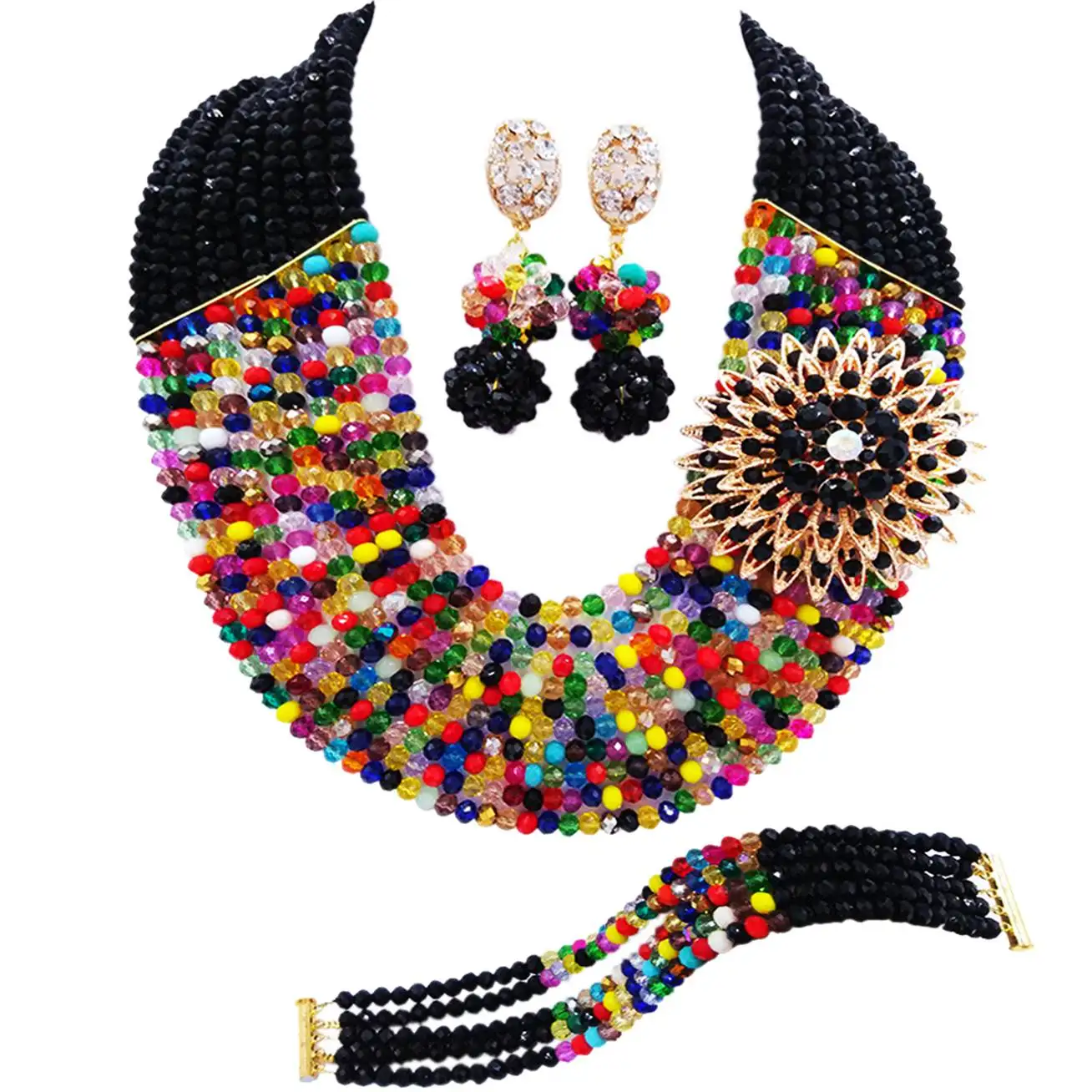 Nigerian Wedding African Beads Black and Multicolors Crystal Banquet jewelry set