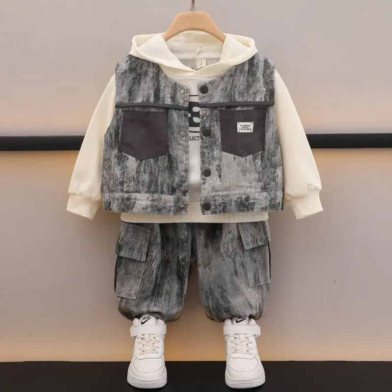 Boys' Spring Autumn Outfit Set Vest Hoodies Pants Three-piece Suits 2025 New Small Medium-sized Children's Casual Fashion Sets