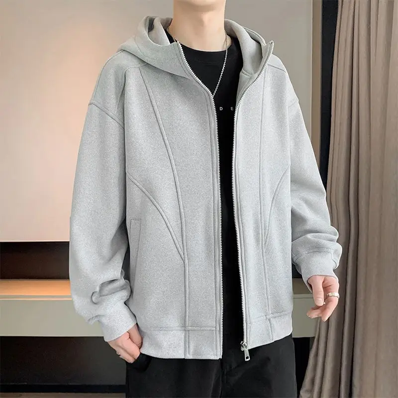 2026 Trendy American Heavyweight New Loose Spring Fall Winter Zip-Up Hoodie Men Color Block Cardigan Sweatshirt