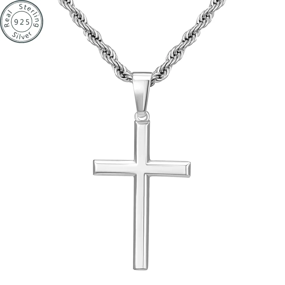 

925 Sterling Silver Cross Necklace for Men with 3.5mm 925 sterling silver Twist Clasp Rope Chain Cross Pendant Necklace