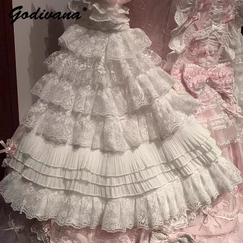 Camicetta di pizzo a maniche lunghe svasata da donna originale per ragazze Top Fairy Sweet Fluffy Pink Bow Jsk Princess Dress Abiti romantici