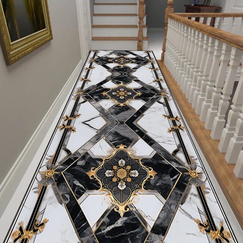 Luxury Black Gold Frame Home Long Corridor Carpet Non-slip Stairway Rug European Hotel Lobby Passageway Runner Customizable Mats