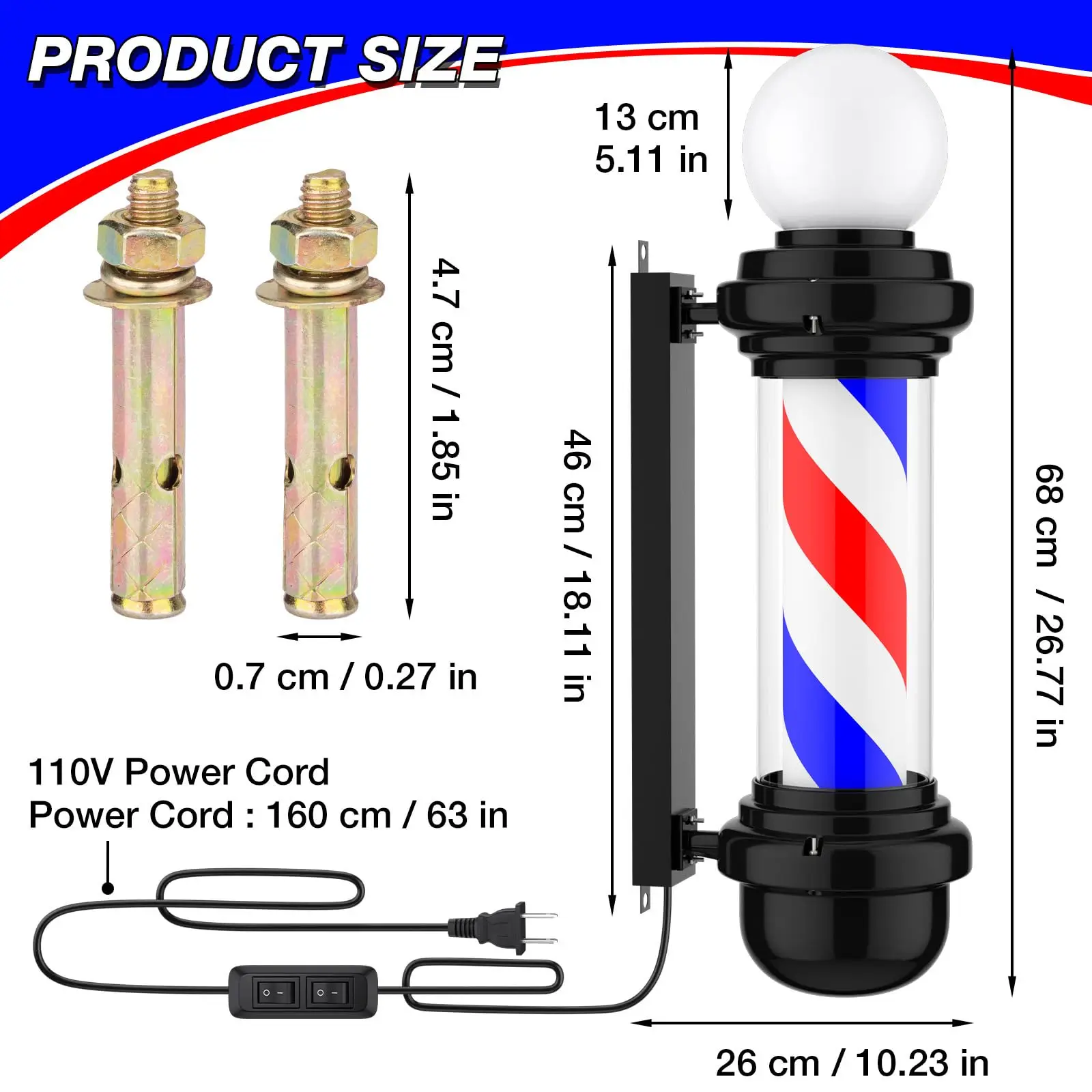 26.7'' Barber Pole Light Hair Salon Barber Shop Open Sign Rotating LED Strips Waterproof Save Energy Wall Mount Light - Image 4