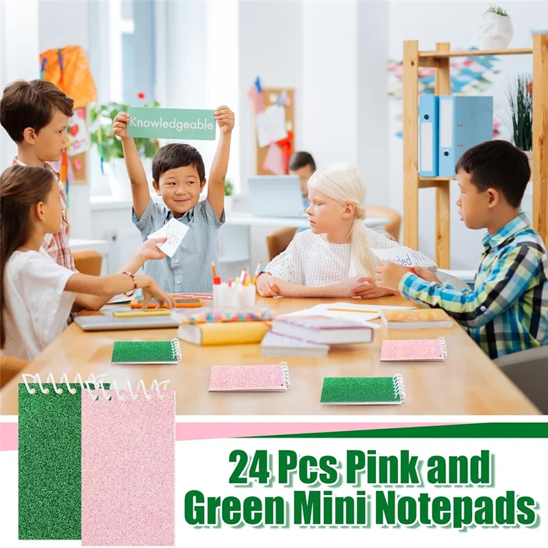 

AB97-24 Pcs Pink And Green Mini Notepads Bulk Magical Wizard Party Favors Glitter Cover Spiral Notebooks
