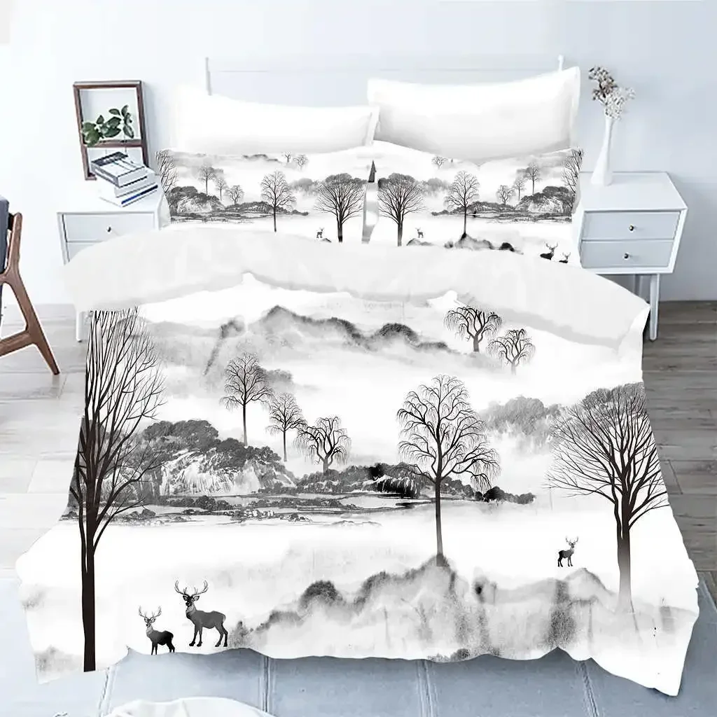 Nature Landscape Duvet Cover King/Queen Size,Chinese Ink Painting Style Bedding Set Mountain River 2/3pcs Polyester Quilt Cover