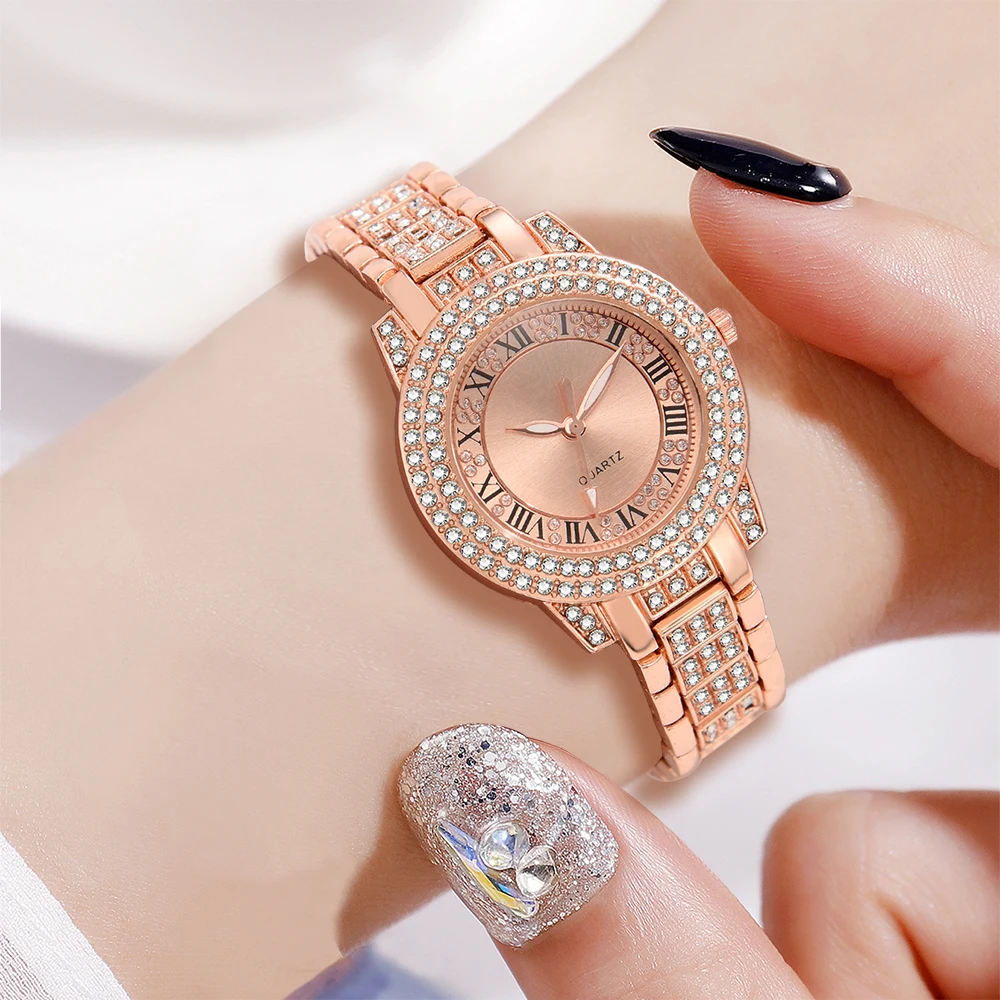 Rose Gold Ladies Quartz Watch 6PCS/Set Fashion Wristwatch Alloy Band Watch Water Droplet Element Jewelry Set Gift For Girls