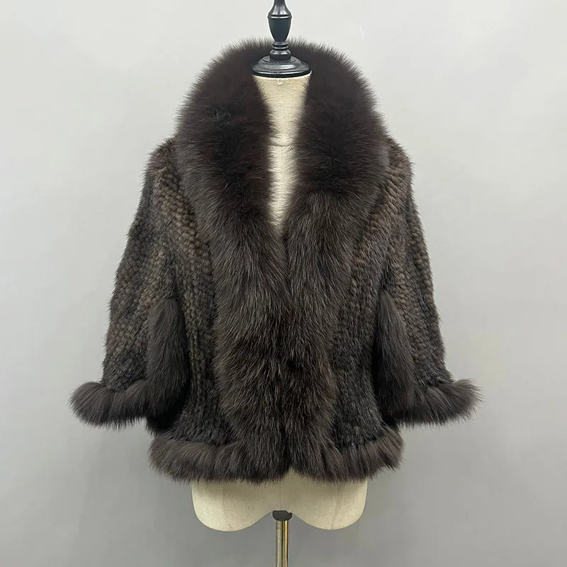 Poncho de malha de pele de vison real 100% Natural Fox Fur Collar, Pashmina Shawl, Outono e Inverno cachecol, novo