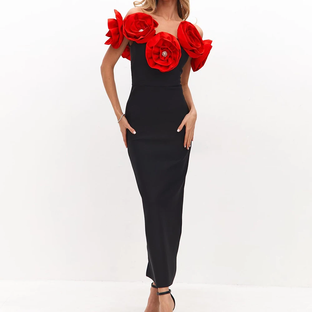 

Customized Straight Evening Dresses Tea-length Off The Shoulder Sleeveless Prom Gown Simple Fashion Flowers Crystal Party Gown