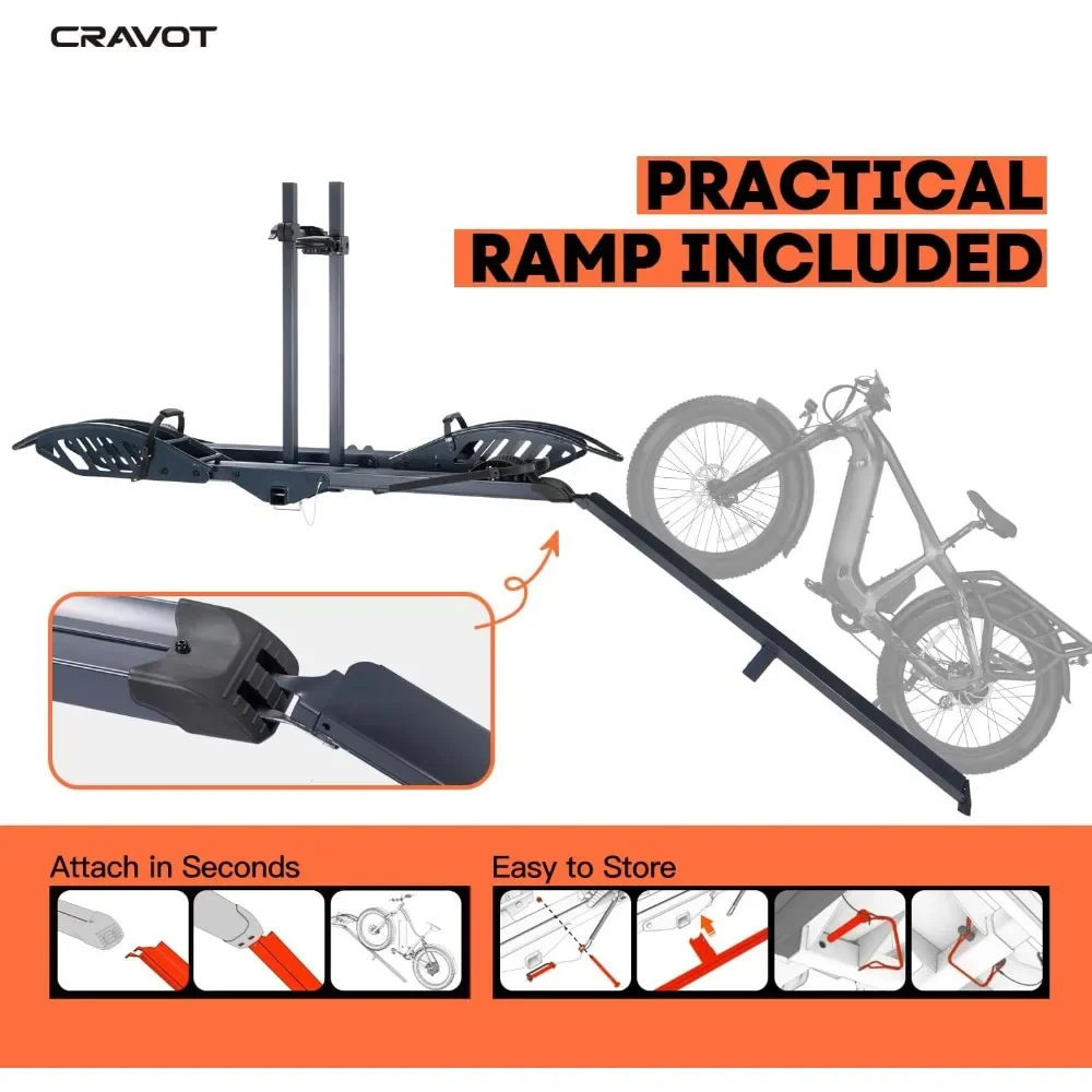 2 EBike Rack with Ramp, 200 lbs Capacity Electric Bike Carrier Foldable Platform Mount